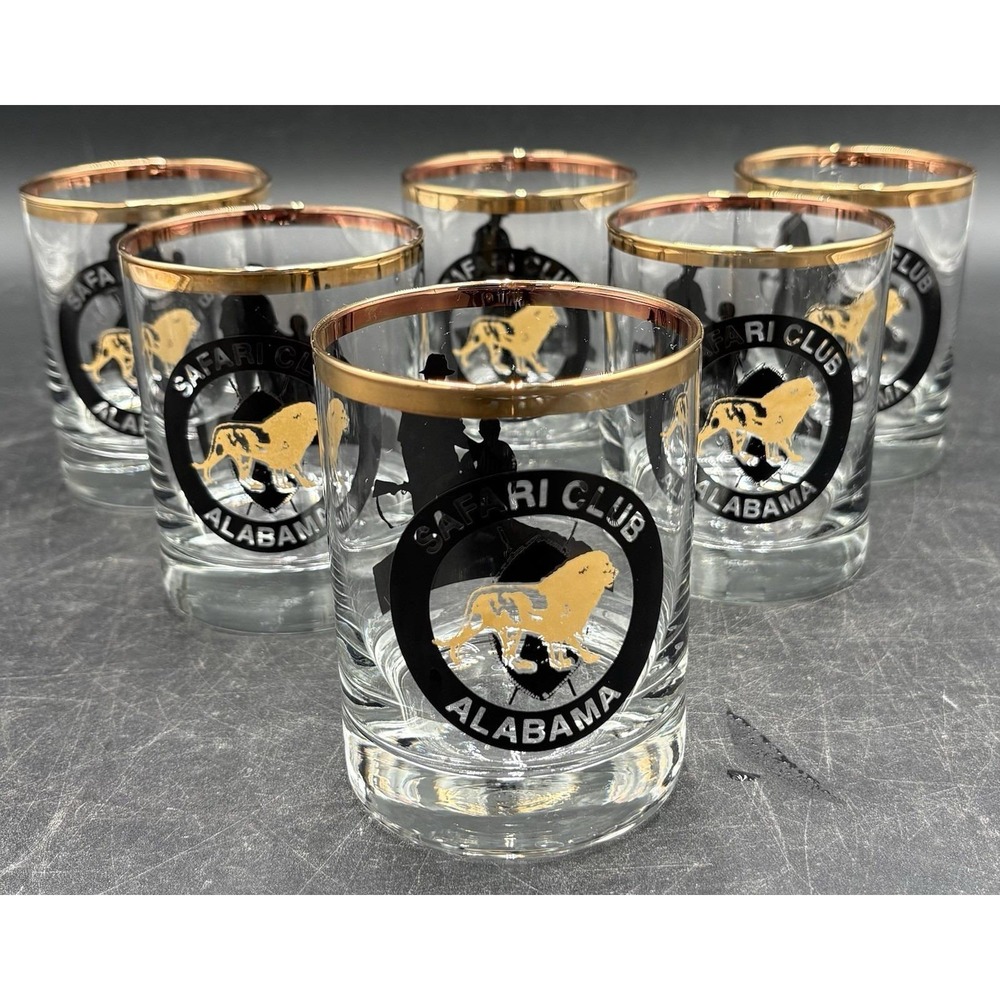 Vtg Alabama Safari Club Lion Ram Drinking Glass Set Of 6 Gold Black Clear